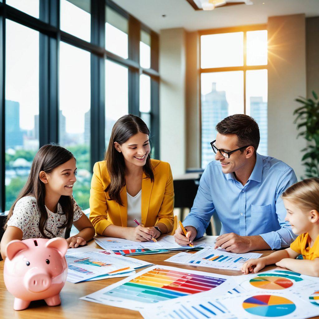 A serene and inspiring scene of a cheerful family sitting around a table, happily discussing their financial goals with colorful charts and documents scattered around. In the background, a modern bank building with the McBank logo is visible, and bright sunshine symbolizes hope and prosperity. A piggy bank and coins are placed on the table, emphasizing saving and banking solutions. super-realistic. vibrant colors. 3D.