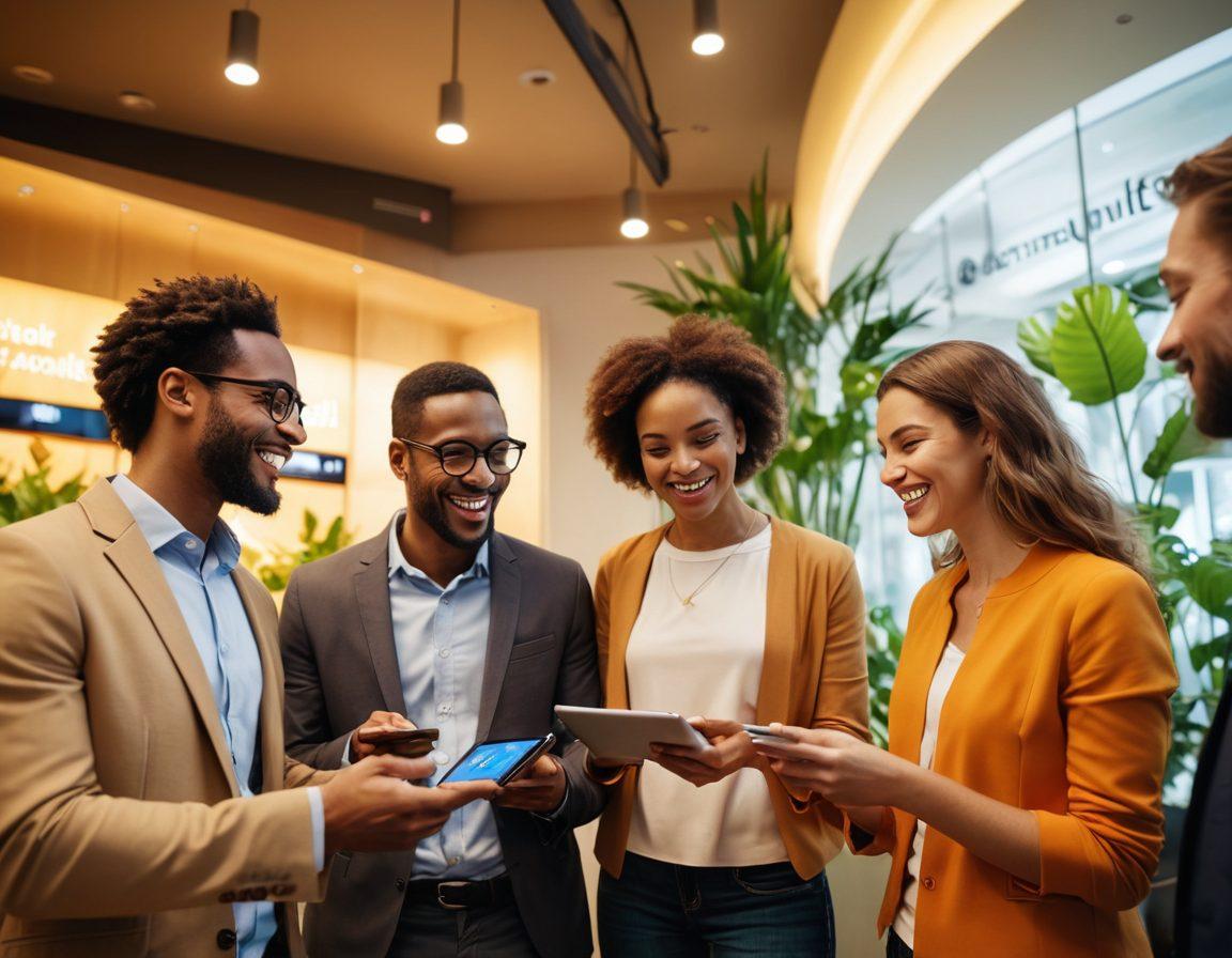 A diverse group of happy people engaging in a lively conversation inside a modern bank, surrounded by plants and warm lighting that evokes comfort and positivity. Displaying a digital interface showcasing user-friendly banking apps on tablets and phones, emphasizing technology in finance. The scene should reflect a sense of community, trust, and enhanced financial well-being. bright colors. super-realistic. natural lighting.