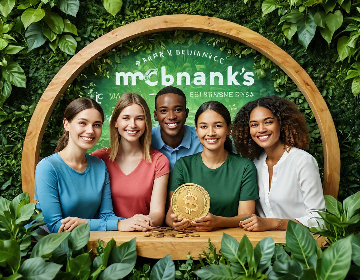 A serene scene depicting a diverse group of happy individuals interacting with digital financial tools, surrounded by symbols of growth and satisfaction like smiling coins and lush greenery. The setting conveys warmth and trust with soft, inviting colors, while showcasing McBank's logo subtly in the background. This imagery represents ease and accessibility in finance. vibrant colors. super-realistic.